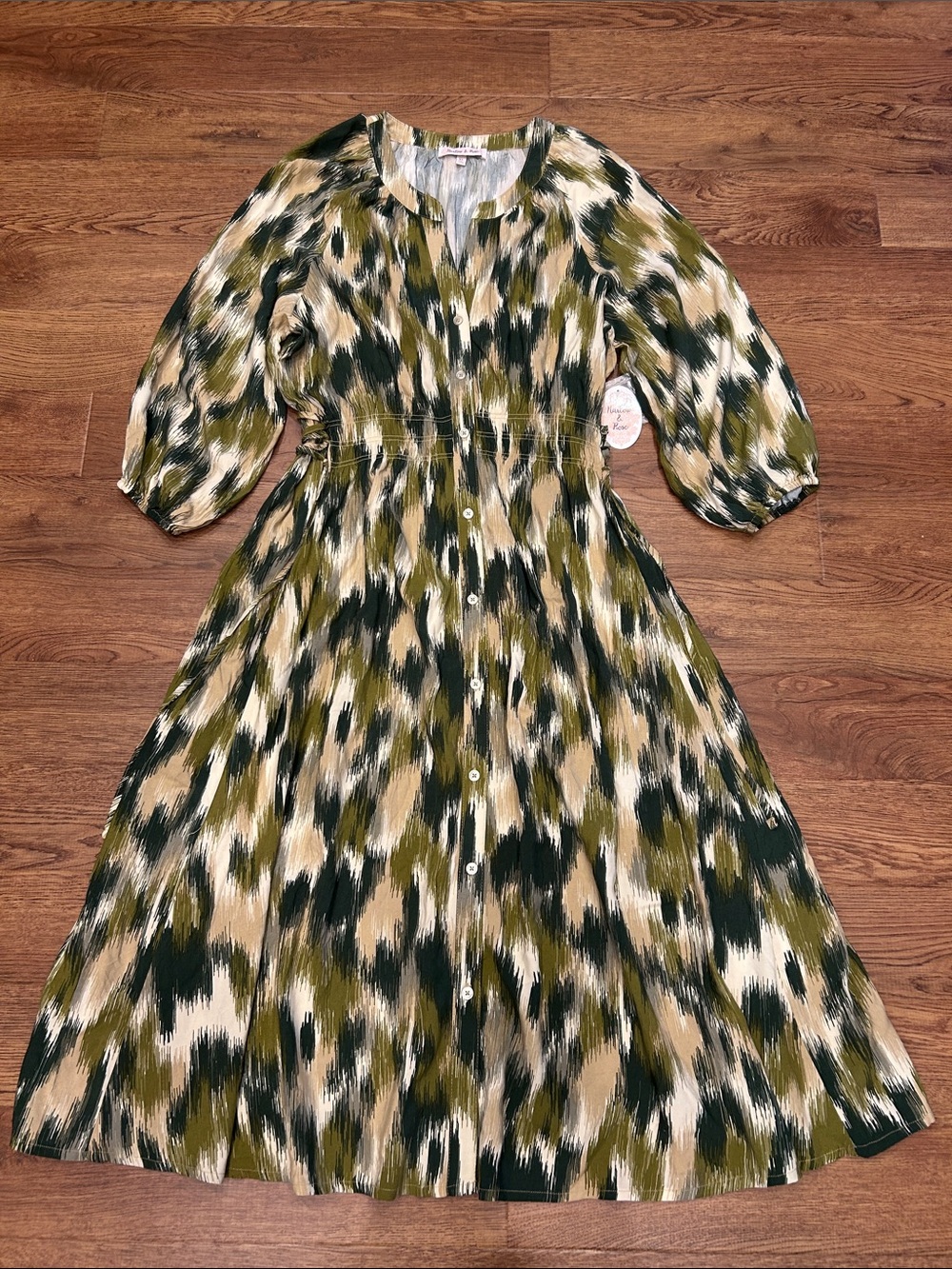 Harlow & Rose Button Front Midi Dress in Olive, Forest and Cream Women’s XL